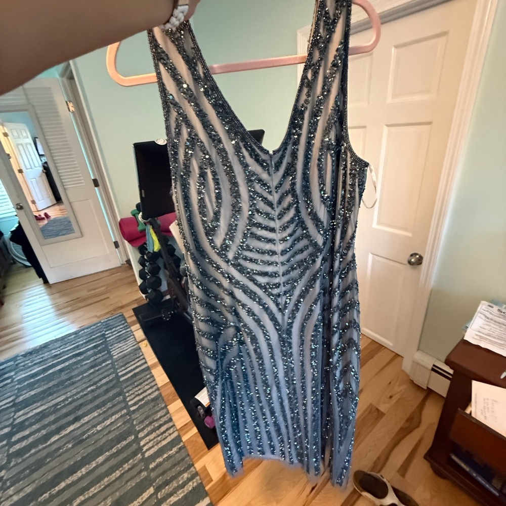 Adrianna Papell Blue and Silver Backless Dress